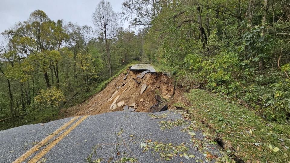 A section of the Blue Ridge Parkway washed away by Tropical Storm Helene