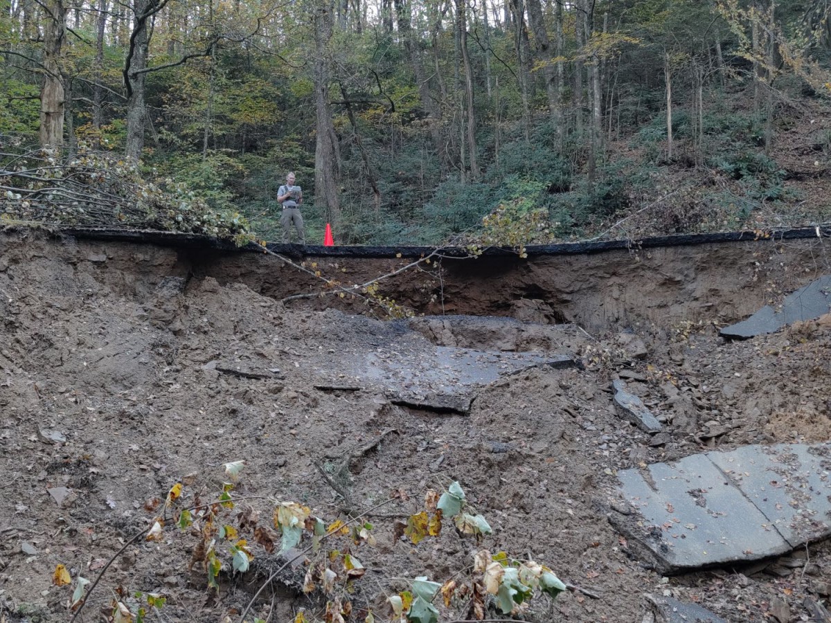 Washout under road on the Blue Ridge Parkway at milepost 345