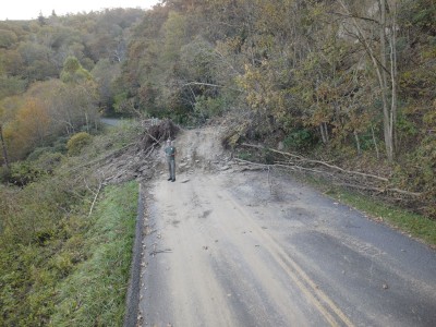 Landslide on the Blue Ridge Parkway at milepost 348 after Tropical Storm Helene.